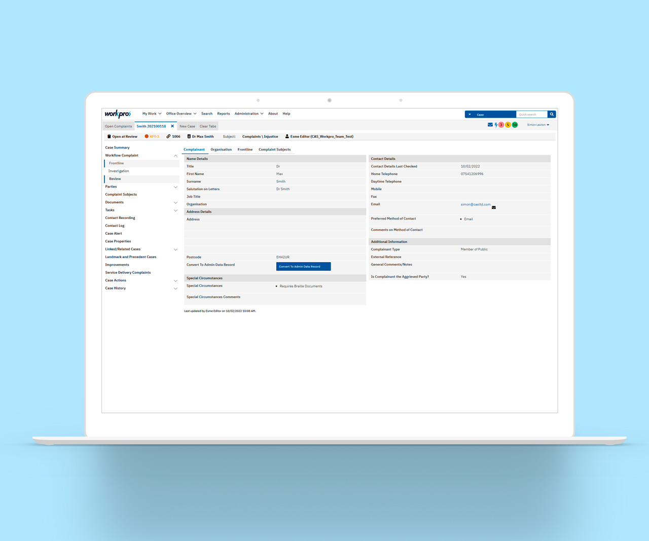 Screenshot of Case info screen