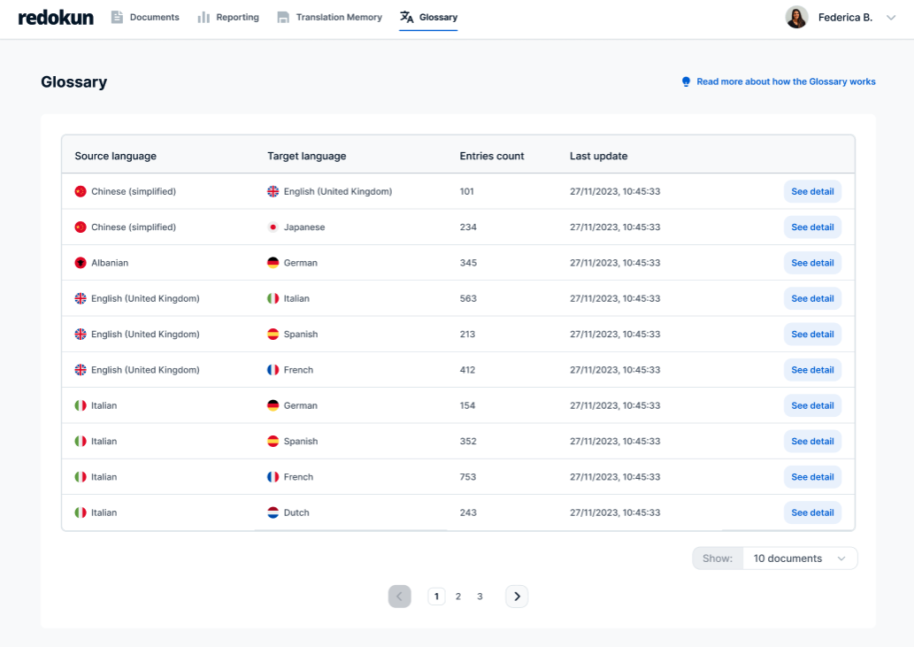 Screenshot of Create your glossary to ensure all translators use the accurate terminology for your translations