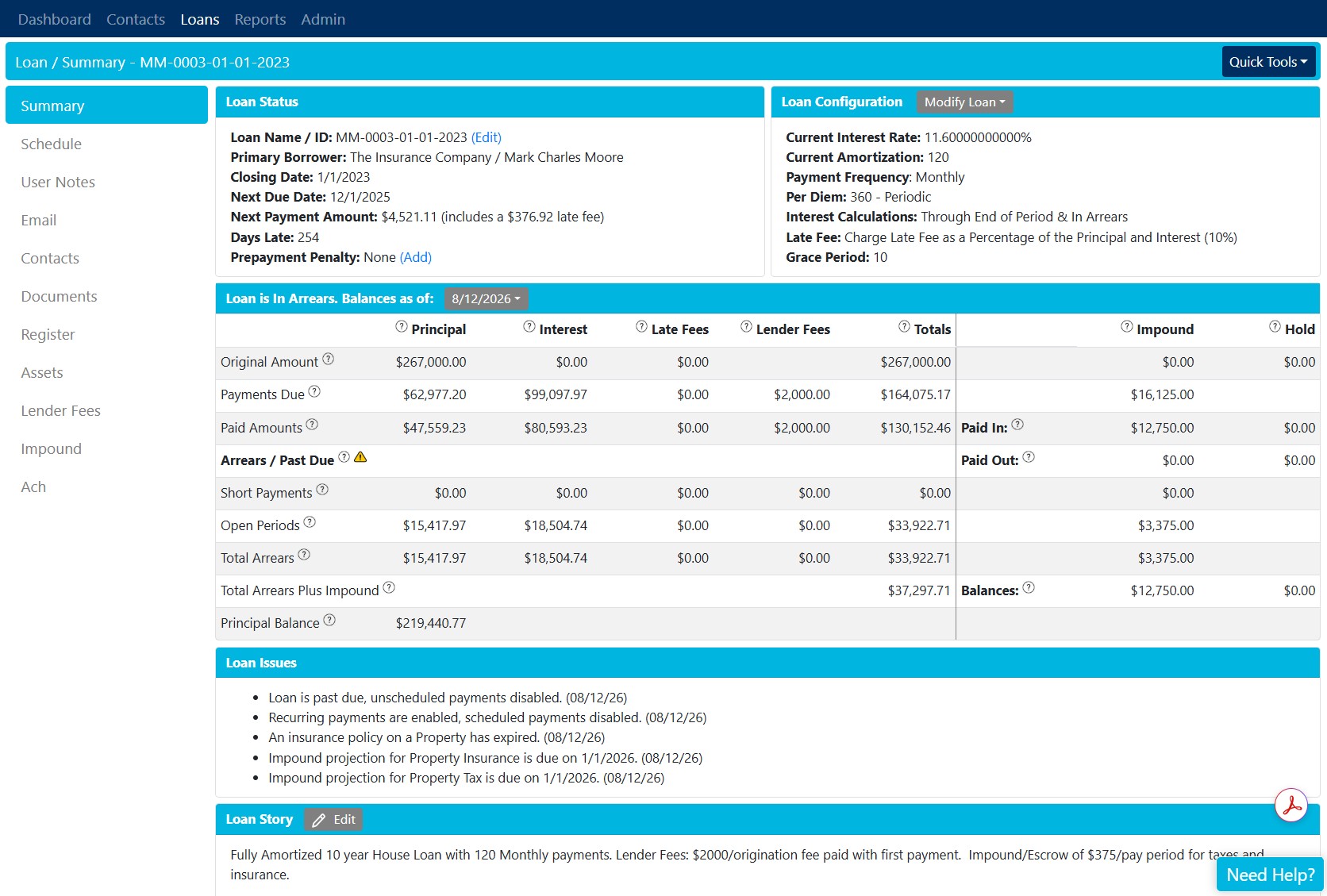 Screenshot of Loan Summary: Displays complete loan details and activity.