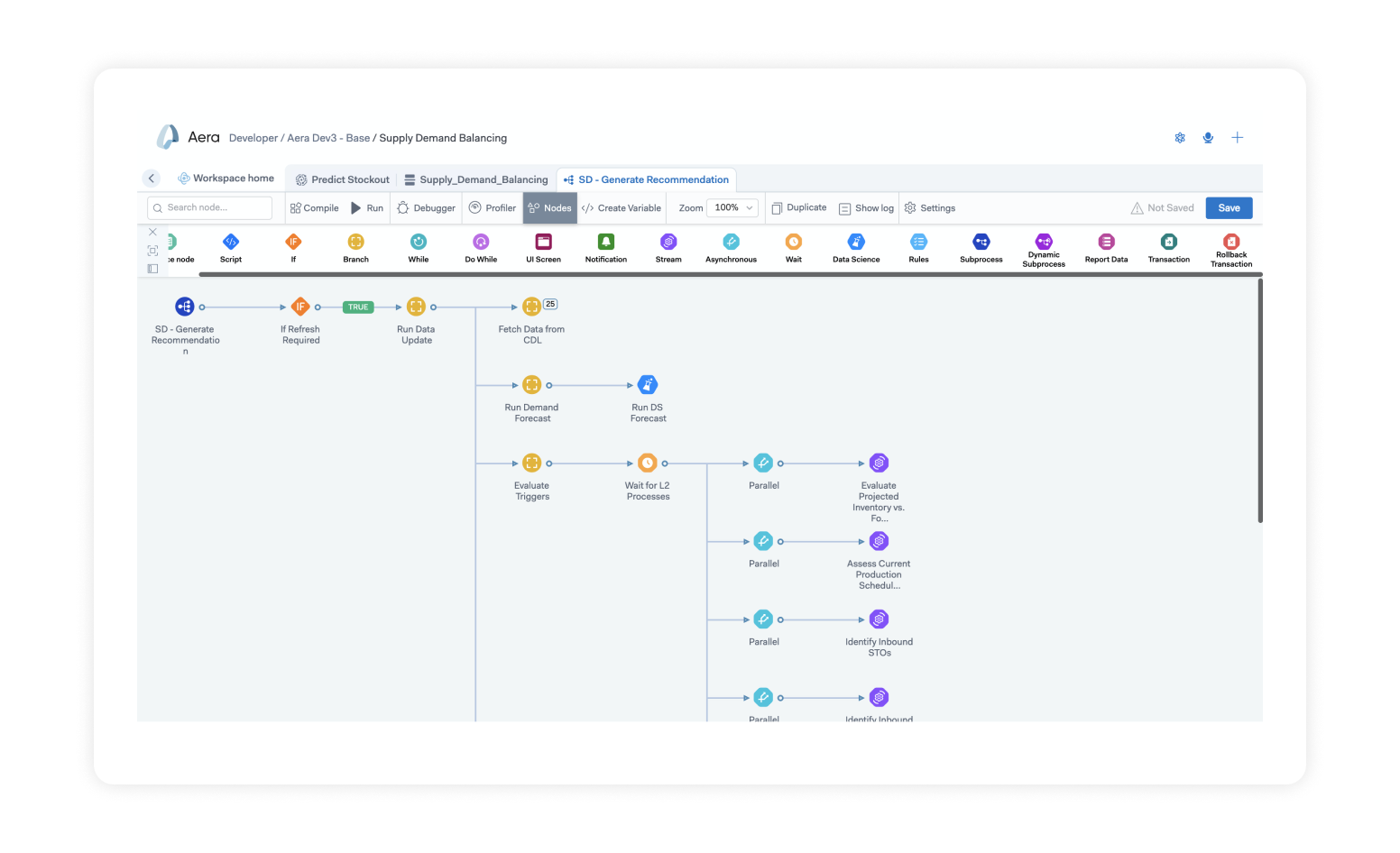 A screenshot of Aeras process builder visual IDE