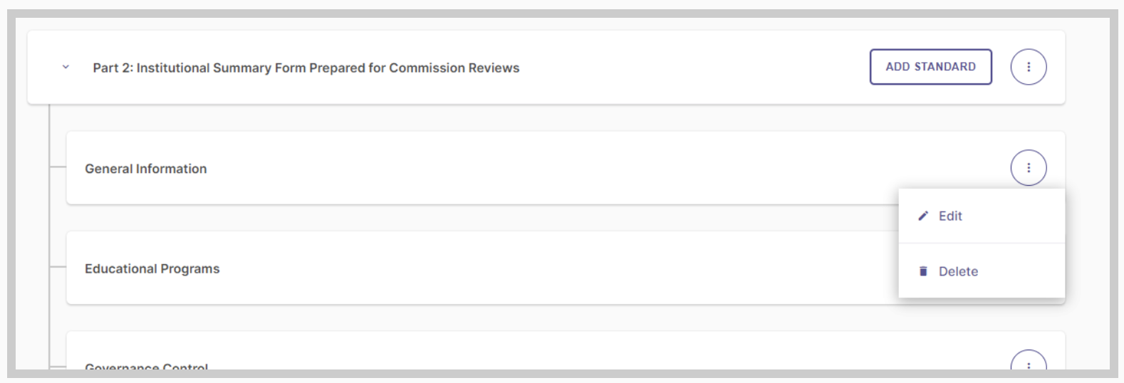 Screenshot showing the basic outline of the Self-Study Report
