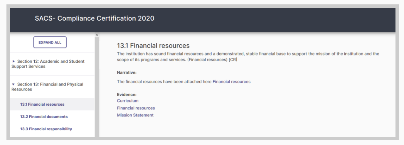 Screenshot showing the layout of a web export of the Self Study report