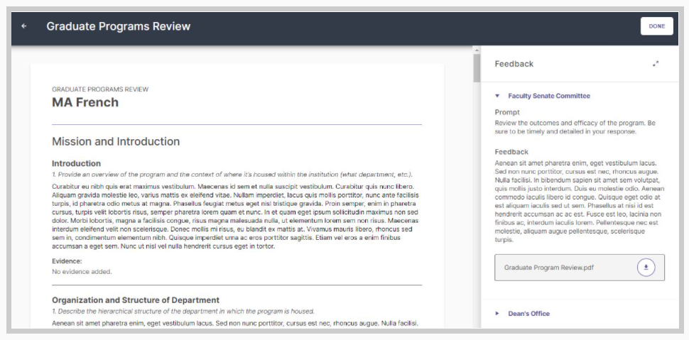 Screenshot showing what the individual section of a program review looks like