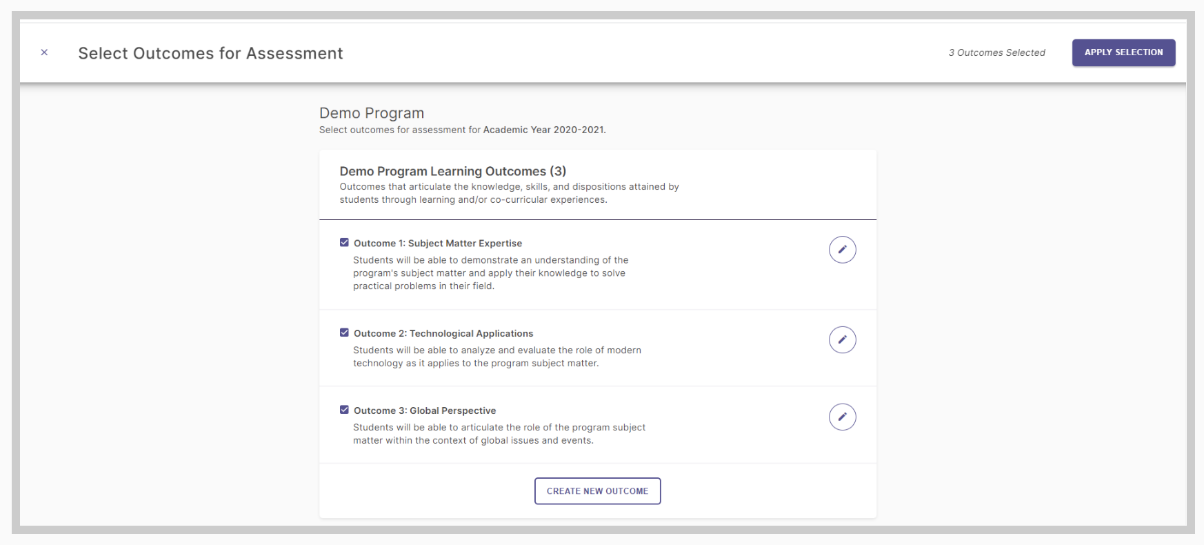 Screenshot showing how Outcomes can be attached to programs for planning purposes