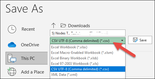 Screenshot showing that CSV is a save option in Excel